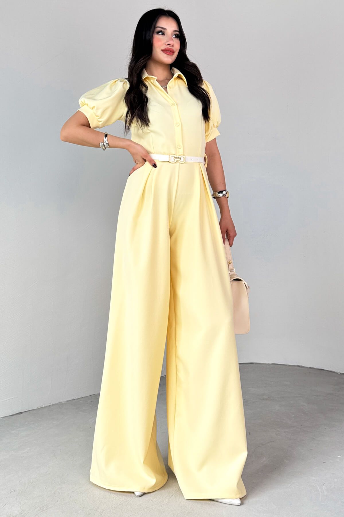 Cappmoda ELB-01795 Sarı Kemerli Gömlek Yaka Pileli Poliviskon Tulum