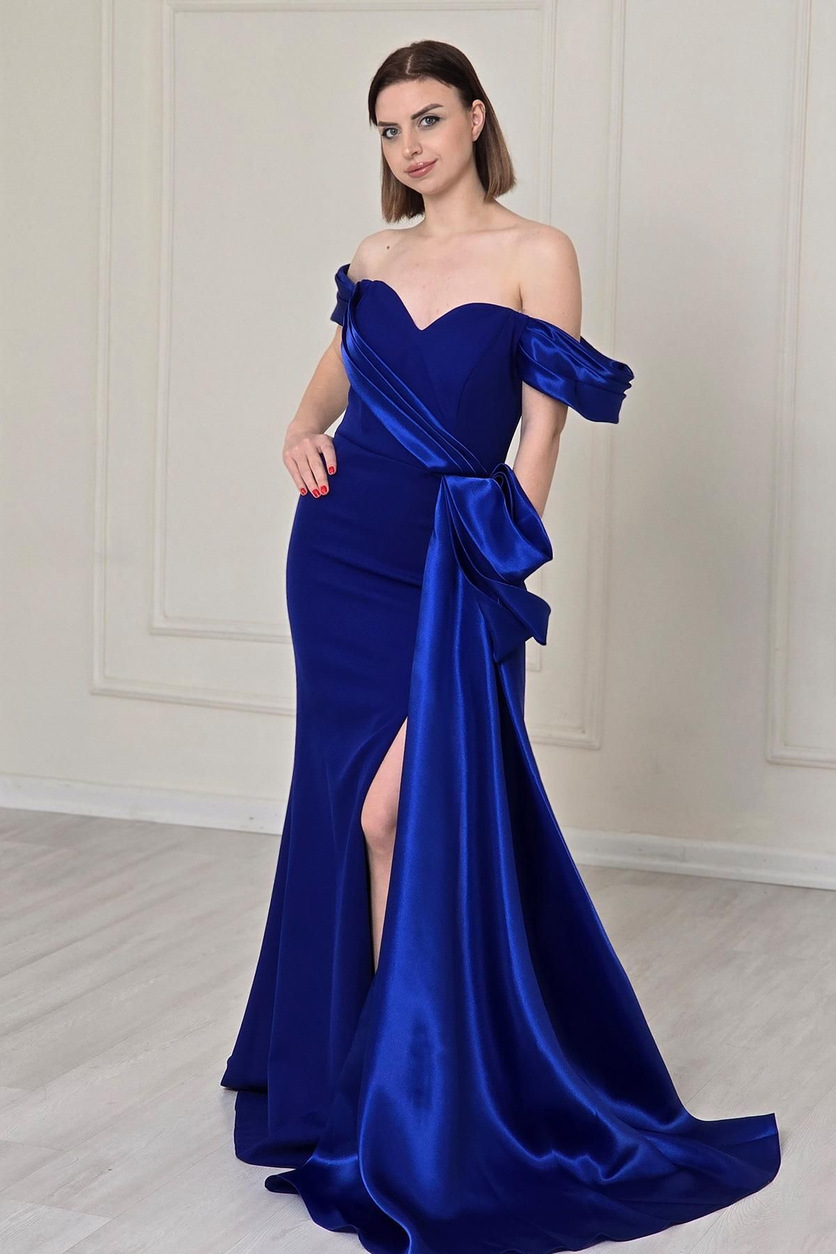 Yonca Moda Evi Saks Mavi Fiyonklu Balık Abiye 1123