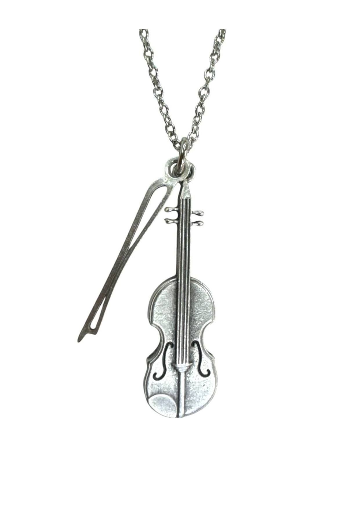 Herşey Nota Keman ve Keman Yayı Temalı Kolye – Unisex - Müzik Aksesuarı 60 cm Zincir