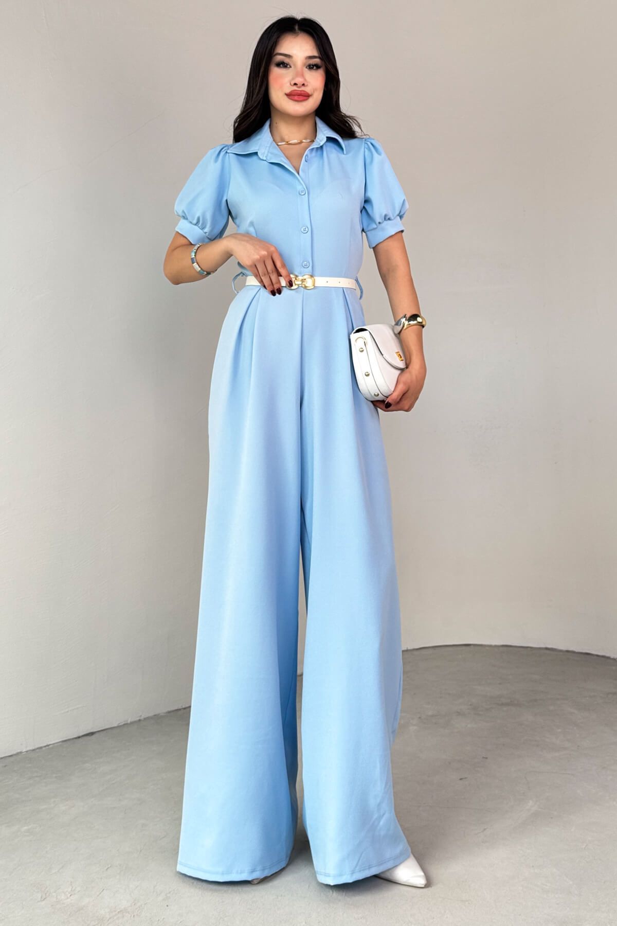 Cappmoda ELB-01795 Bebe Mavi Kemerli Gömlek Yaka Pileli Poliviskon Tulum