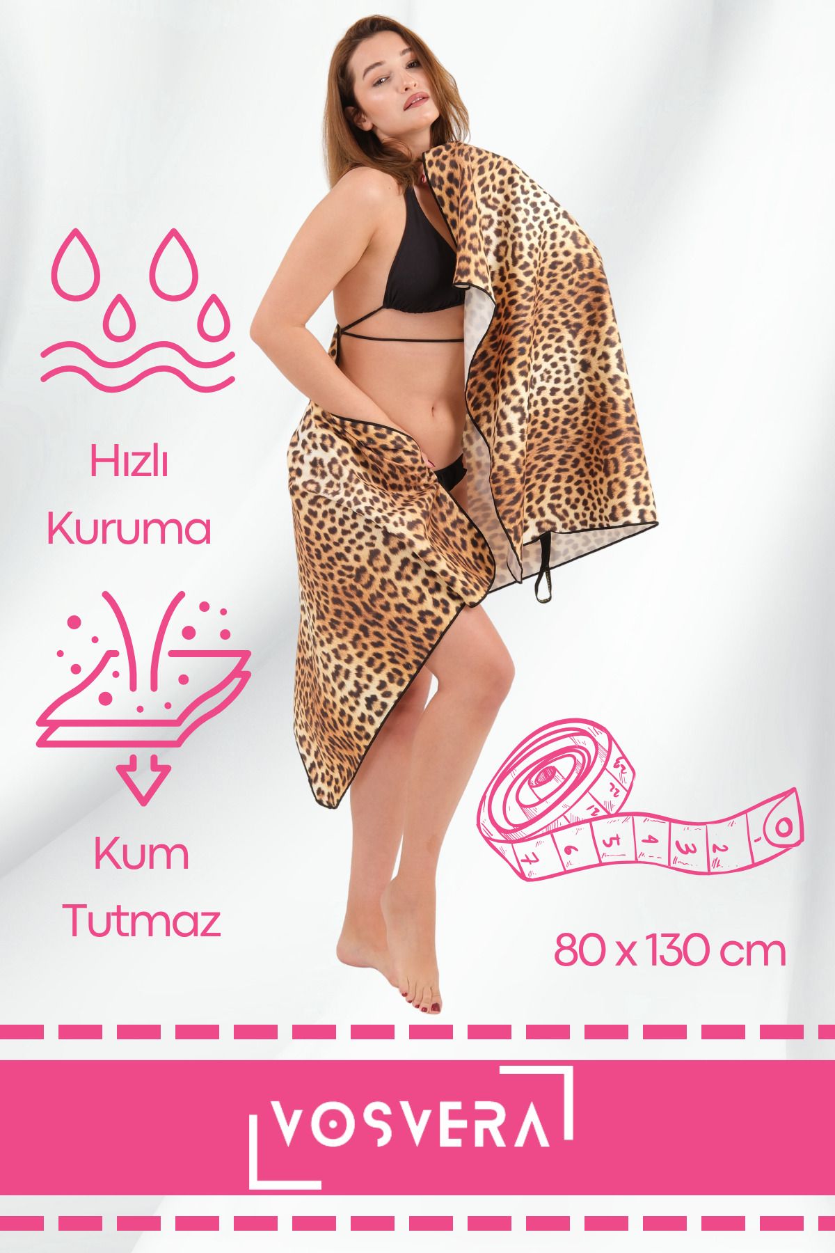 vosvera Leopar Plaj Havlusu Çift Taraflı Mikrofiber - 80x130cm, Hızlı Kuruma, Kum Tutmaz Spor Deniz Havuz