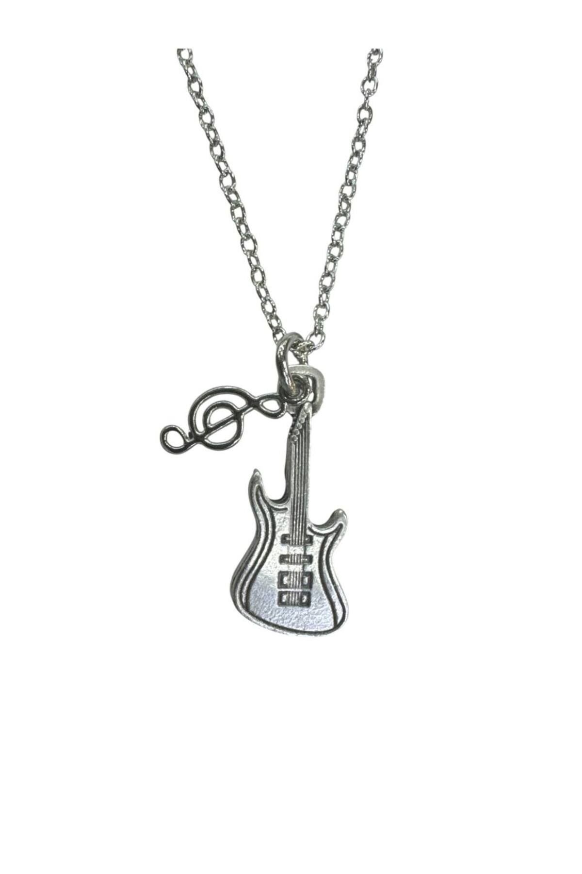 Herşey Nota Sol Anahtarı ve Elektro Gitar Figürlü Kolye – Unisex - Müzik Aksesuarı 60 cm Zincir