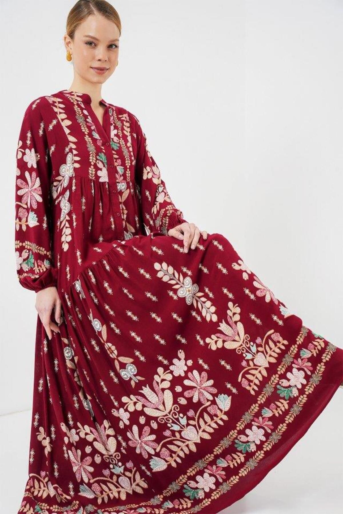Aymood-2423 Rochie Hijab Autentică cu Motiv - H. Roșu Claret 2