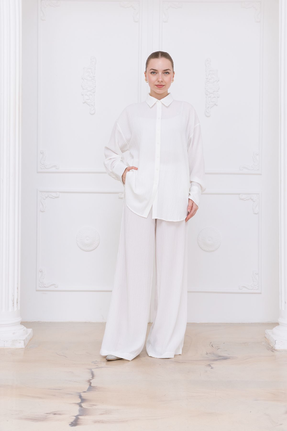 Meşe Moda gofre kadın gömlek pantolon ikili takım