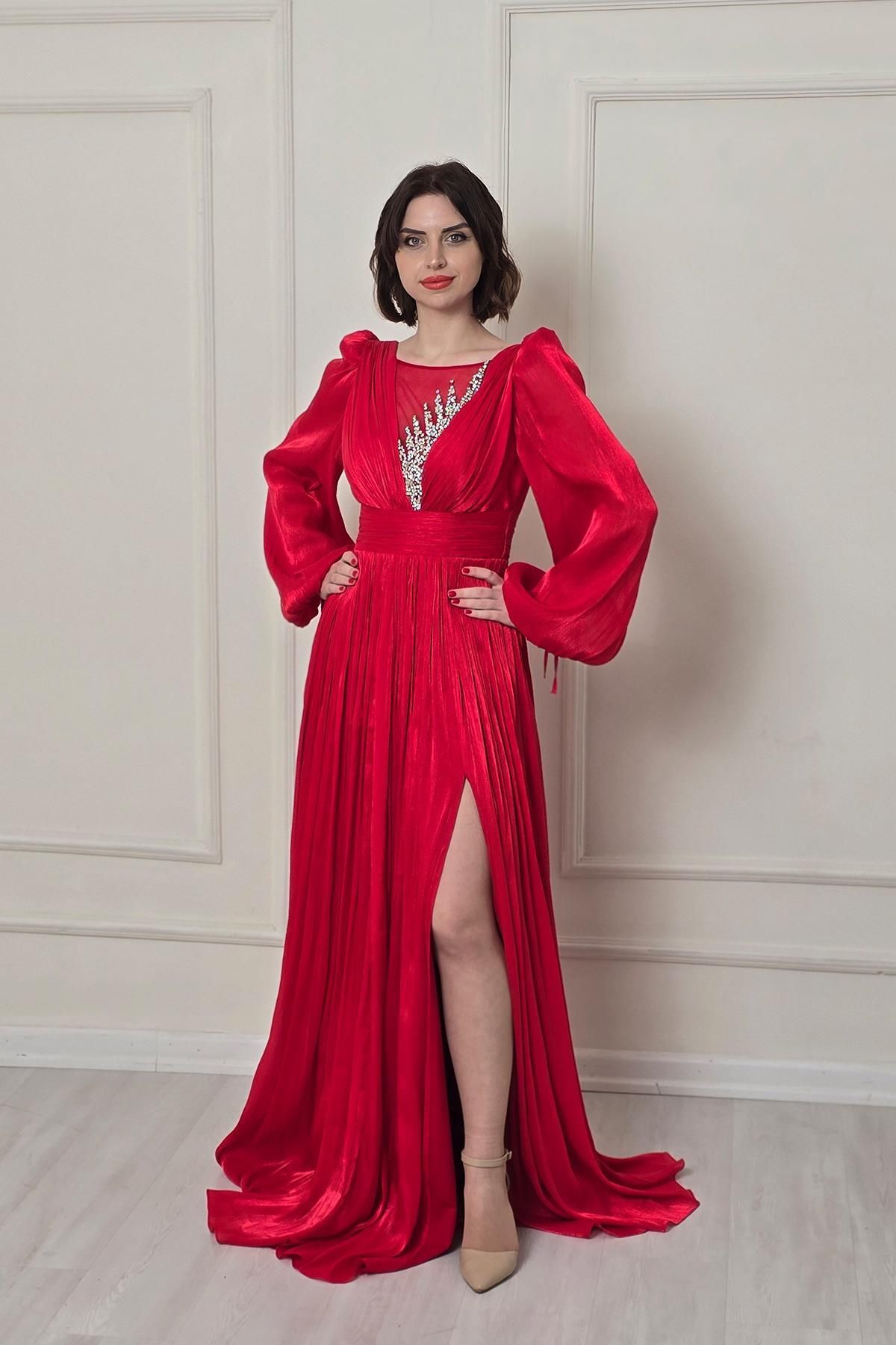 Yonca Moda Evi Kırmızı Janjan Göğüs Taşlı Abiye 8305