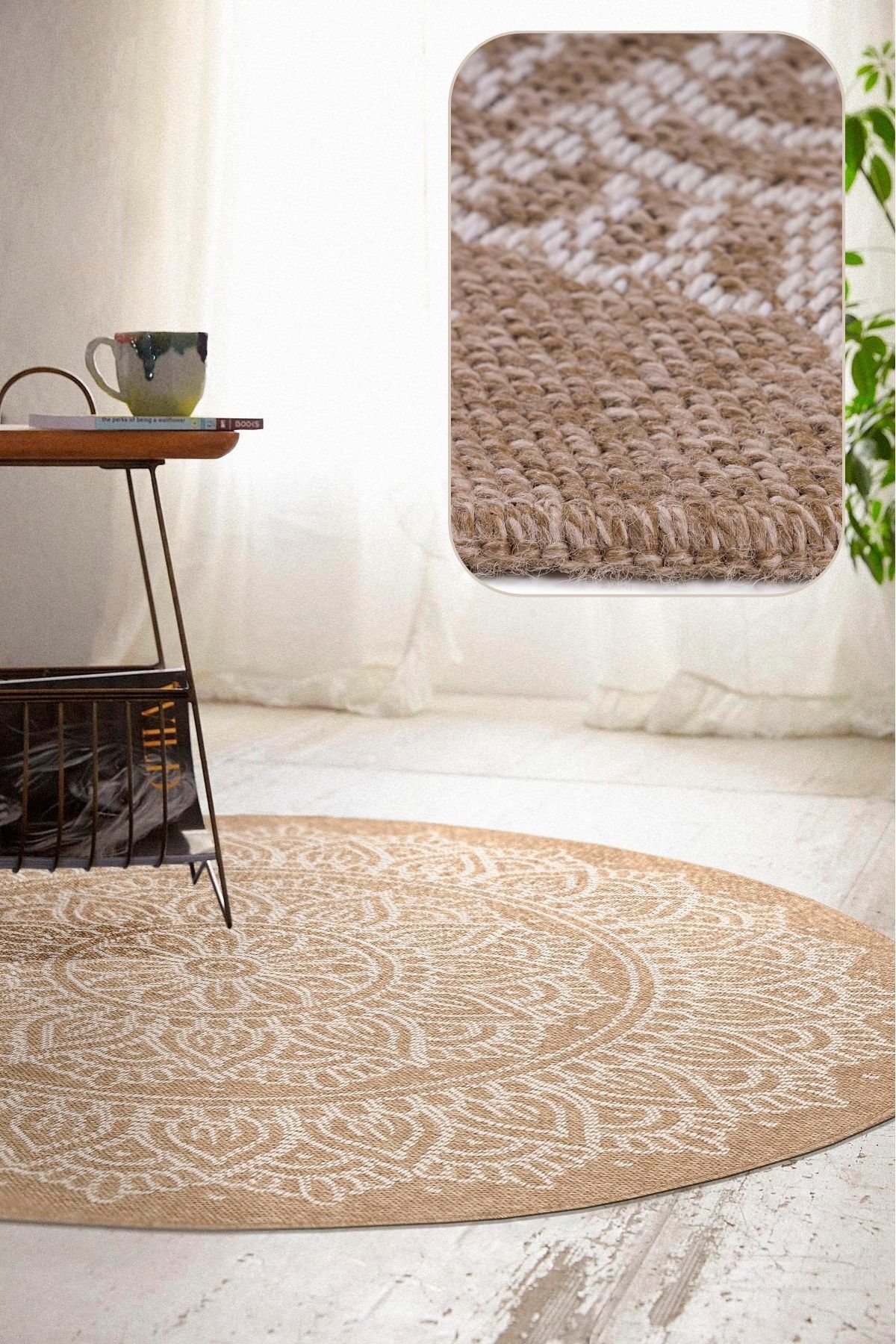 SANRUGS Home & Living Yıkanabilir Sisal Jüt Dokuma Hasır Halı Kilim Bej Kahve Daire Oval Model Mutfak Balkon Bahçe Teras