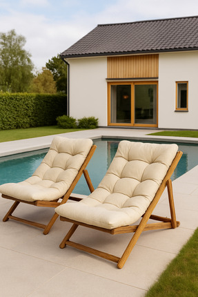 Genel Markalar 2 Adet Masif Ahşap Krem Minderli Şezlong Kamp Piknik Plaj Balk...