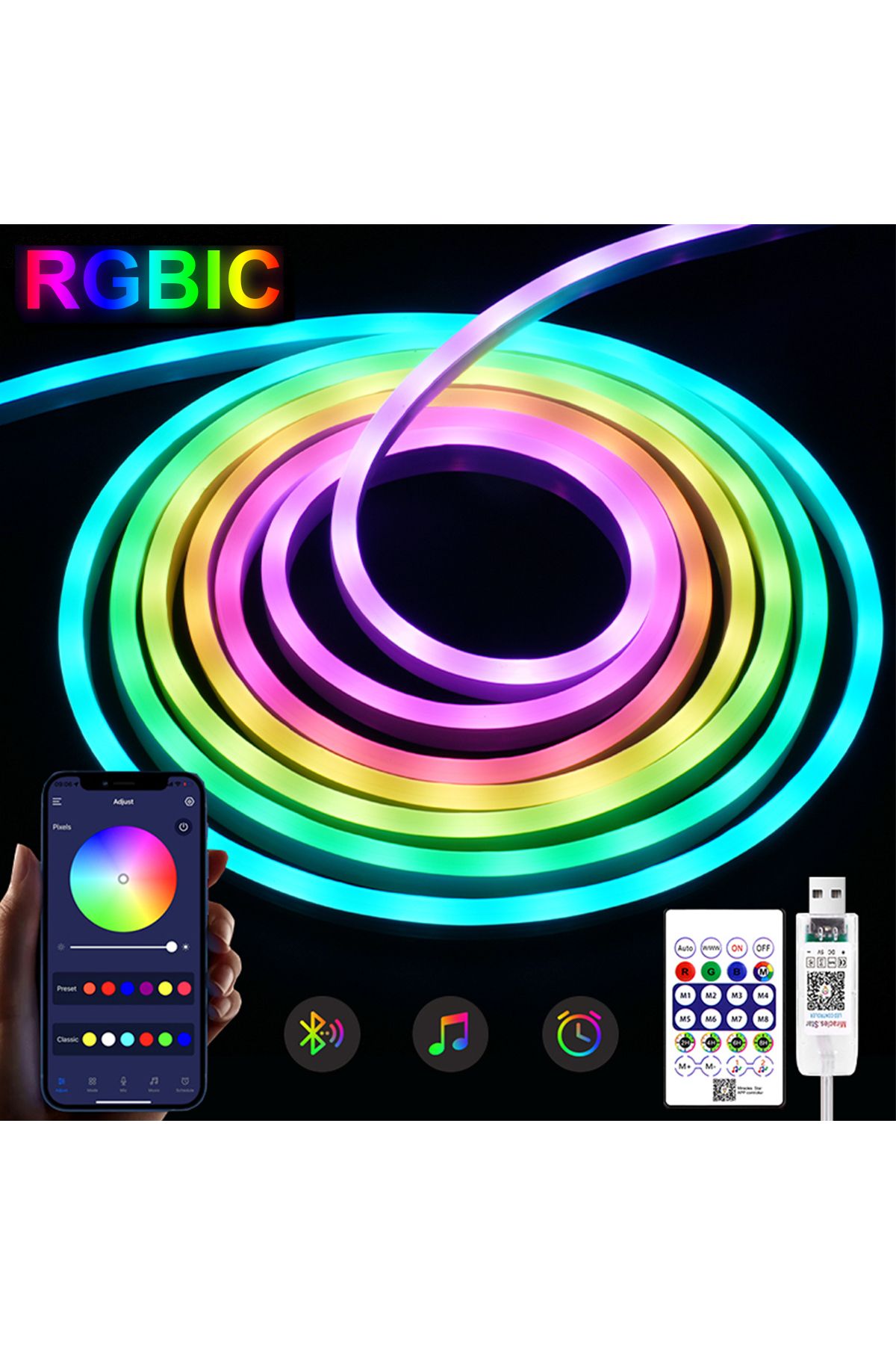 Choice-شريط إضاءة نيون LED RGBIC USB بطول 1 متر و5 فولت، شريط إضاءة نيون IP65 RGBIC بطول 1/2/3/4/5 متر مع تطبيق بلوتوث وجهاز تحكم عن بعد 8