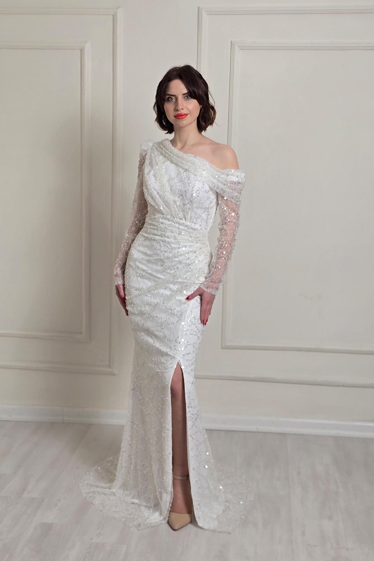 Yonca Moda Evi Beyaz Düşük Yaka Tek Omuz Abiye 5315
