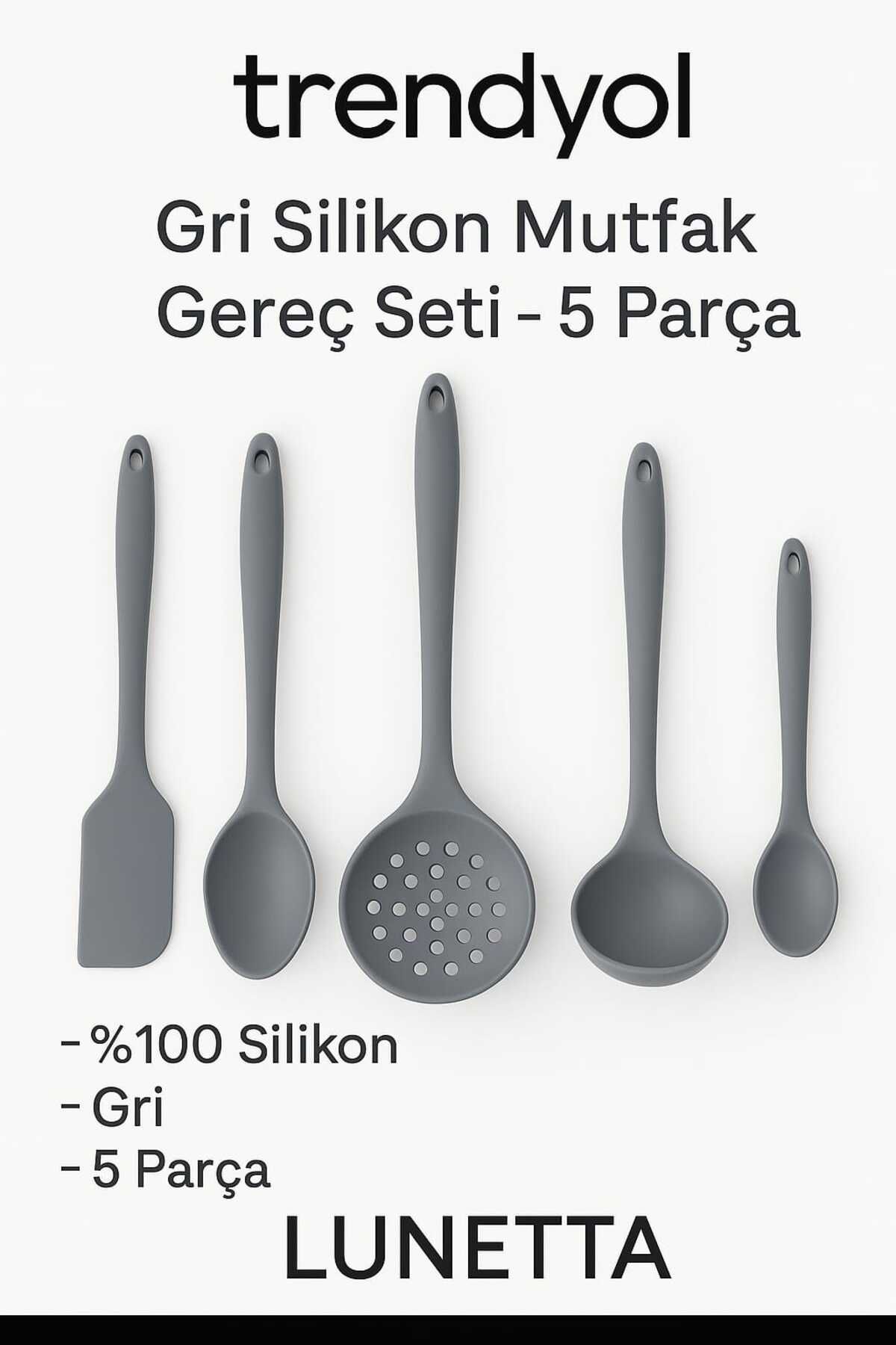 Lunetta Isıya Dayanıklı Sert Uçlu Silikon Kevgir Kepçe Kaşık Spatula Seti 5 Parça