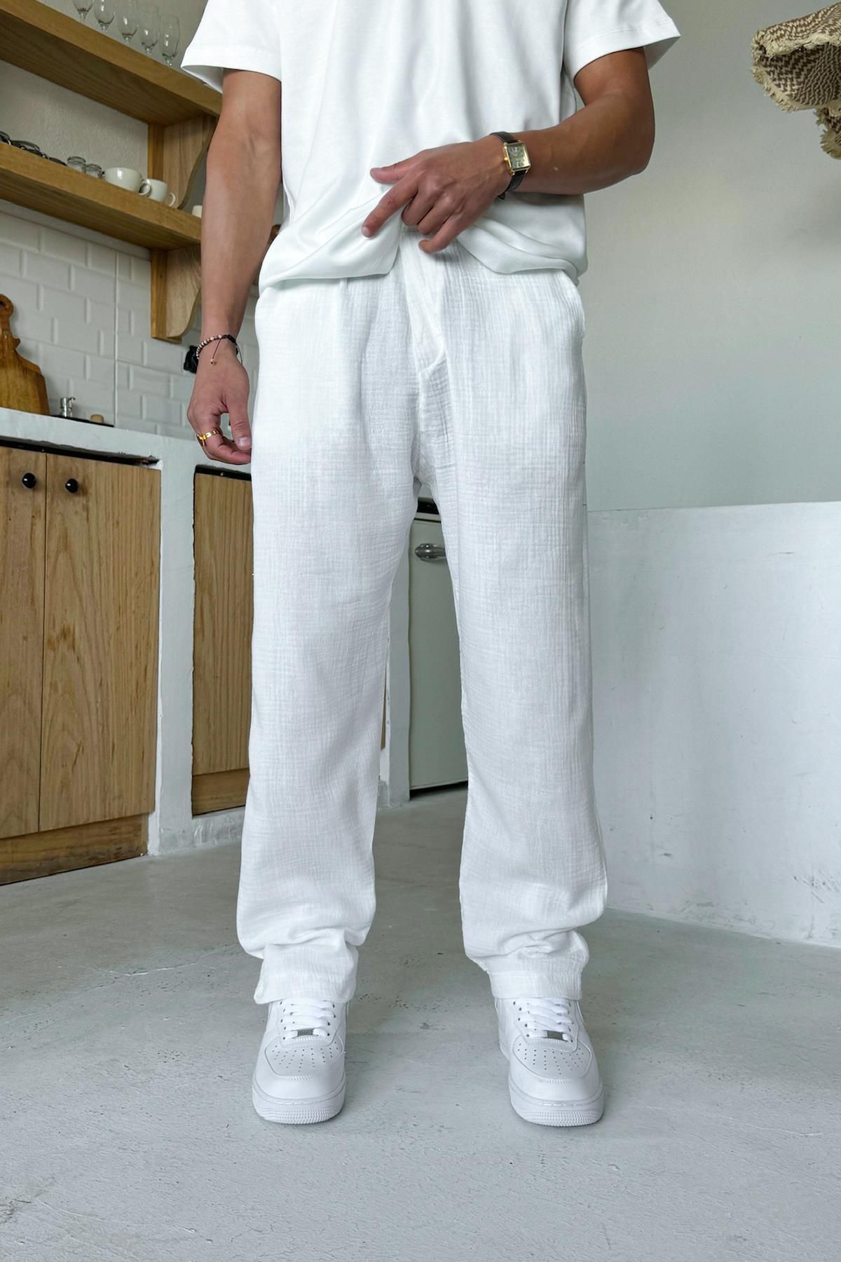 Flaw Wear Beyaz Bel Lastikli Müslin Kumaş Pantolon