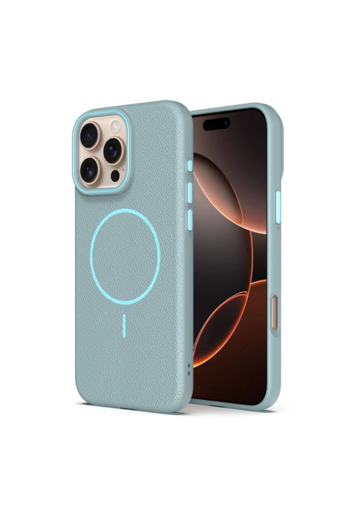 Apsuwa iPhone 15 Pro uyumlu Kılıf Lichee Deri Desen Silikon Kablosuz Şarj Özellikli Turkuaz