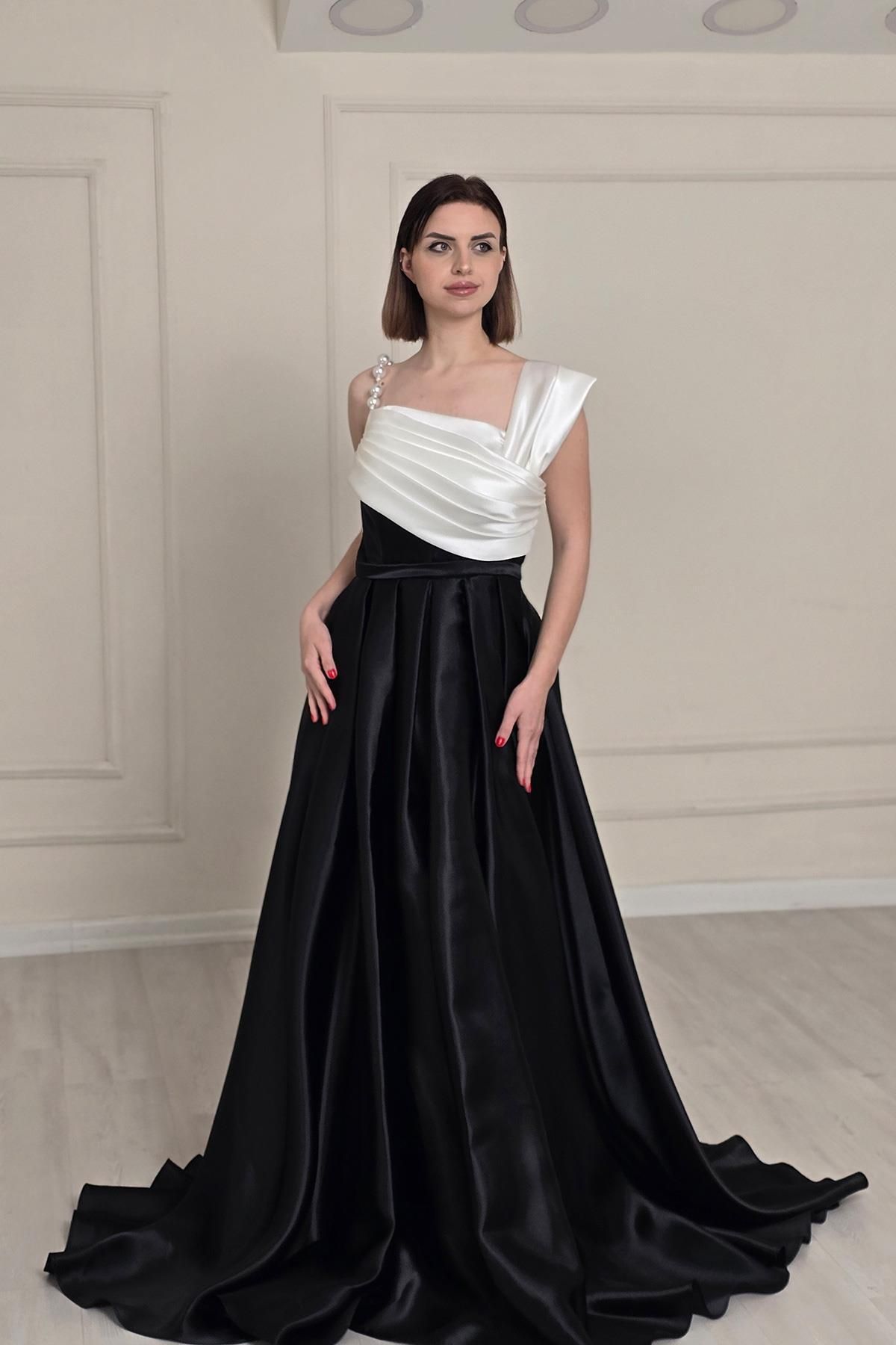 Yonca Moda Evi Siyah Siyah Beyaz İncili Abiye 8440