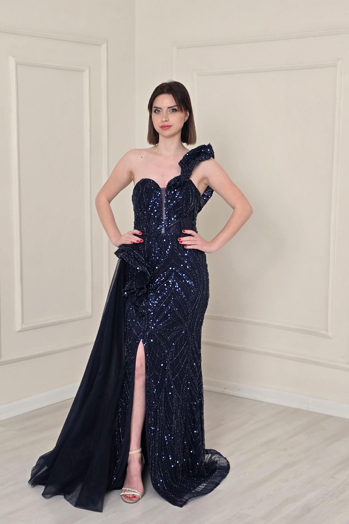 Yonca Moda Evi Lacivert Volanlı Tül Detaylı Tasarım Abiye 4460