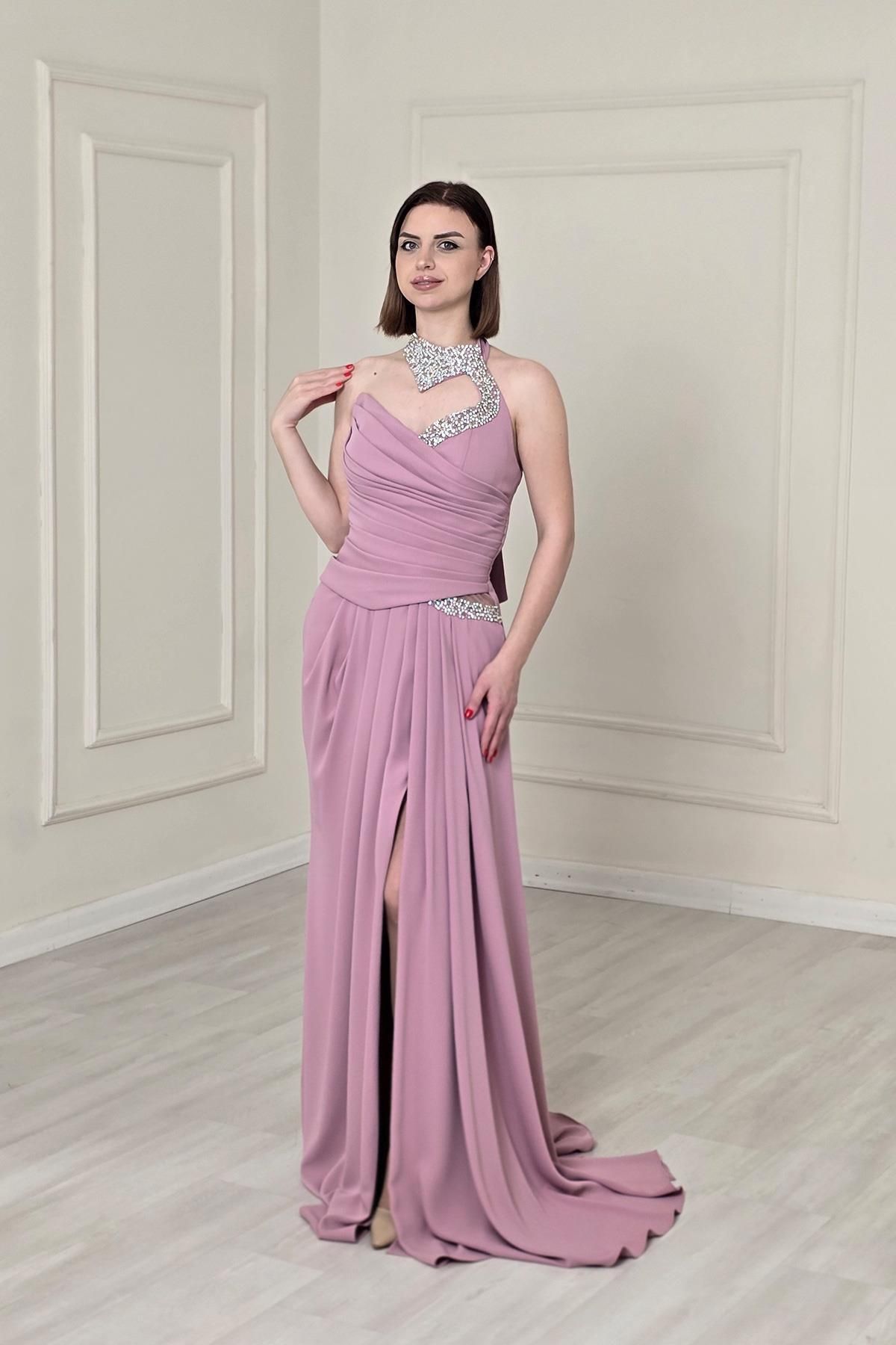 Yonca Moda Evi Pudra Boyundan Bağlamalı Abiye 5260