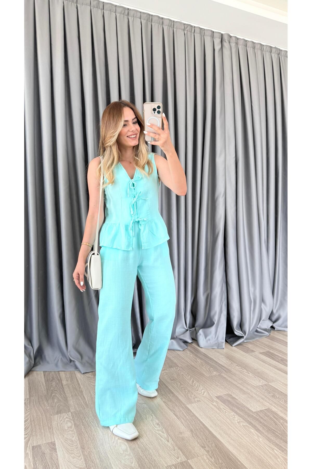 pelin yıldız butik Laura İp Bağlama Detaylı Yelekli Pantolon Takım