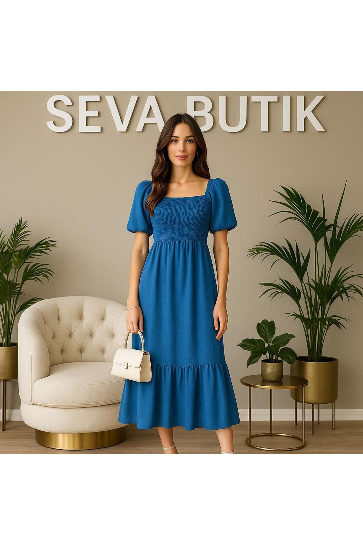 SEVA TEKSTİL Gipeli Viskon Elbise Mavi