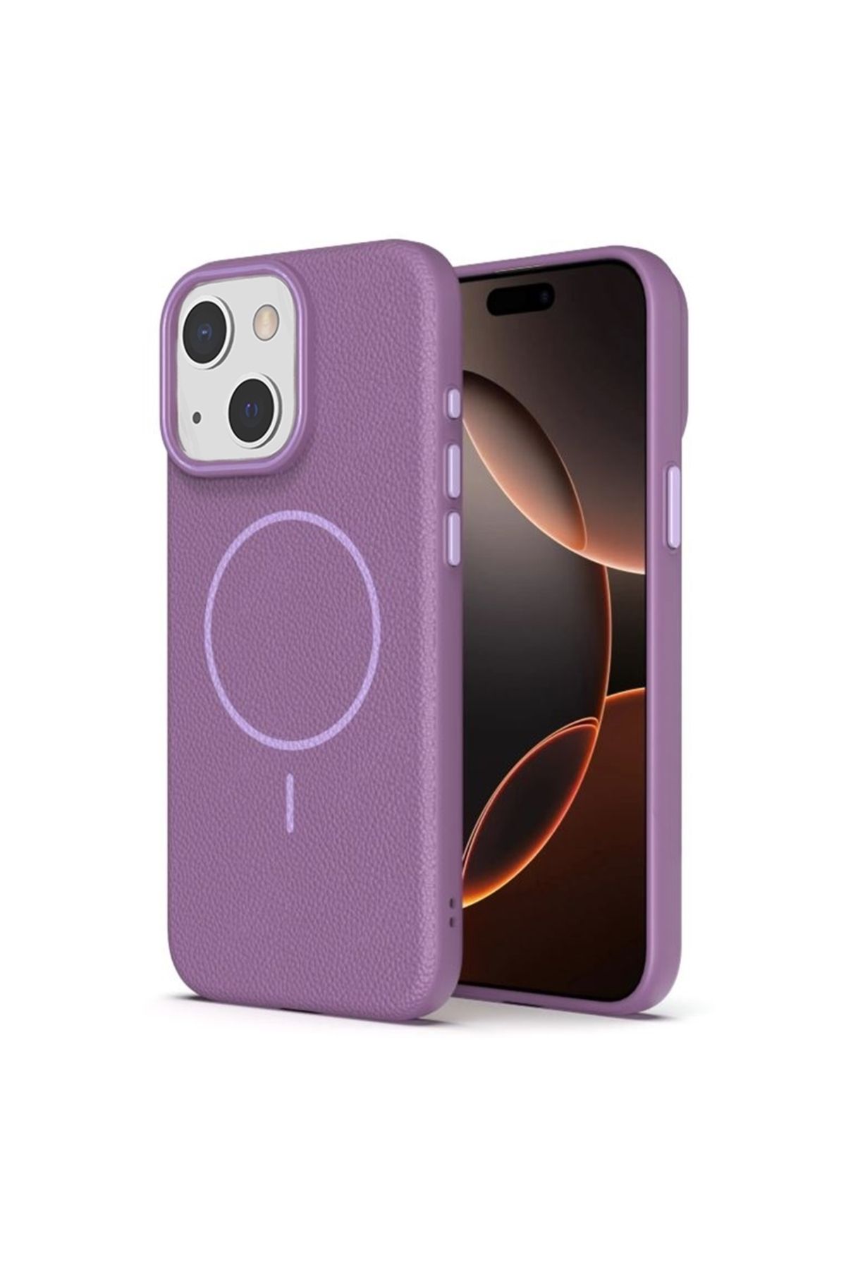 Apsuwa iPhone 15 Plus uyumlu Kılıf Lichee Deri Desen Silikon Kablosuz Şarj Özellikli Mürdüm