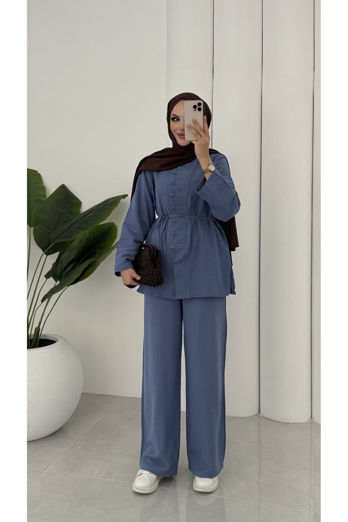 Miraydın Butik Kadın Düğme ve Kuşak Detaylı Keten Takım M15809 - İndigo