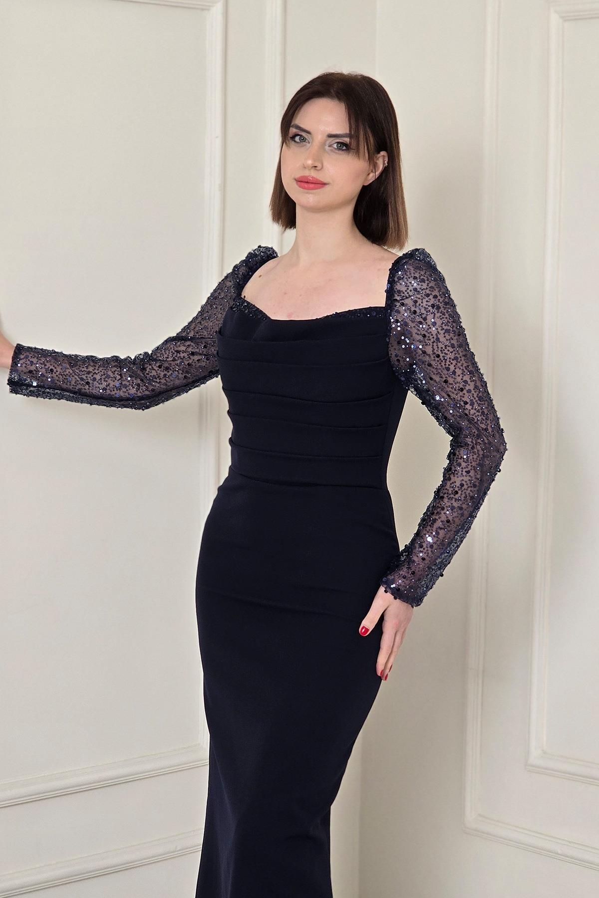 Yonca Moda Evi Lacivert Kollar Pullu Abiye 8315
