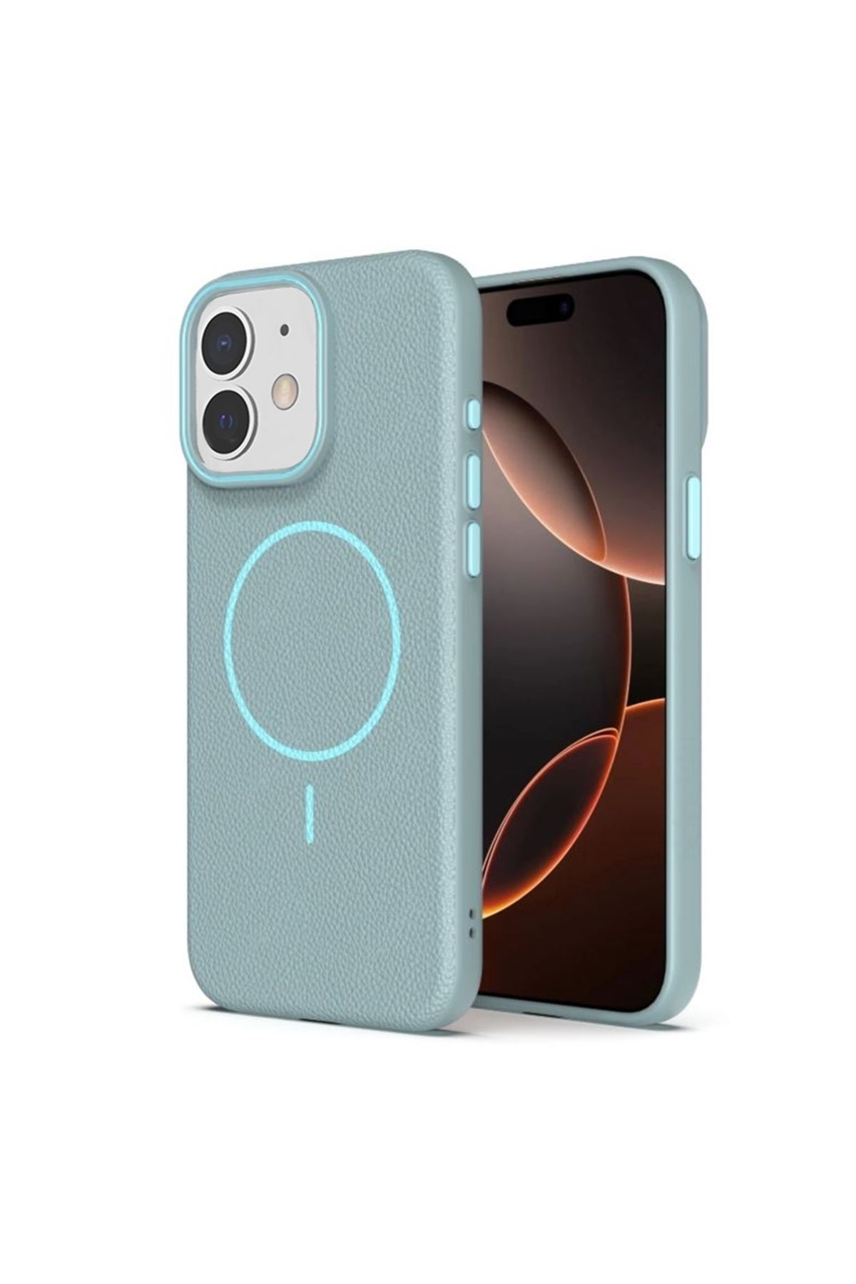 Apsuwa iPhone 11 uyumlu Kılıf Lichee Deri Desen Silikon Kablosuz Şarj Özellikli Turkuaz