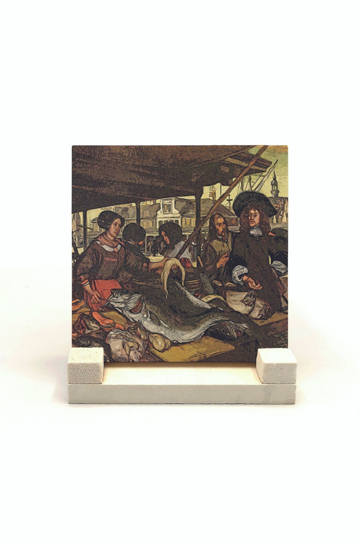 Souvenest Hollanda Balık Pazarı Baskılı Doğaltaş Masaüstlük 10x10 Krg-41