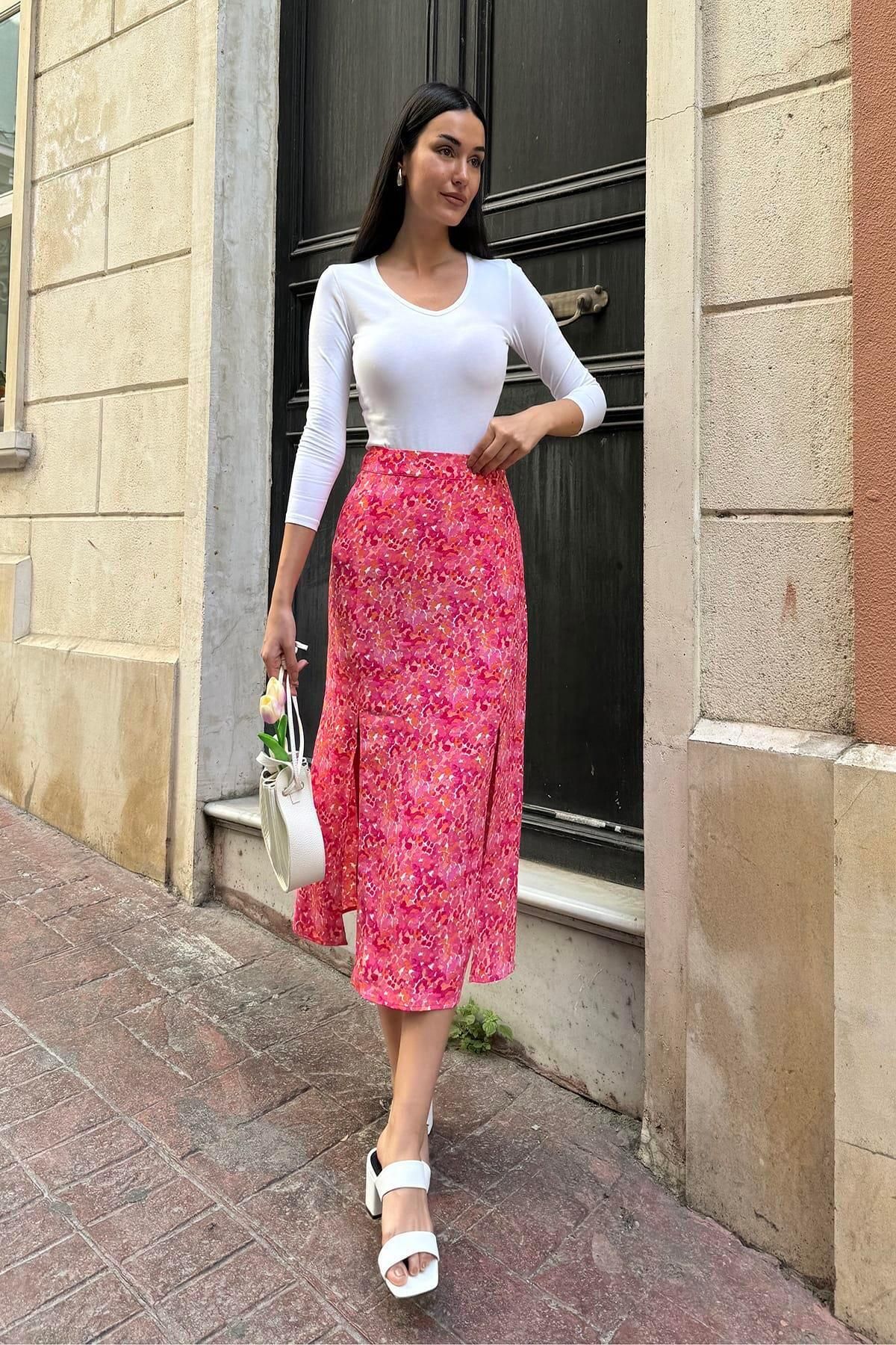 FOR YOU MODA-Natural Viscose Double Slit Patterned Fuchsia Skirt 5