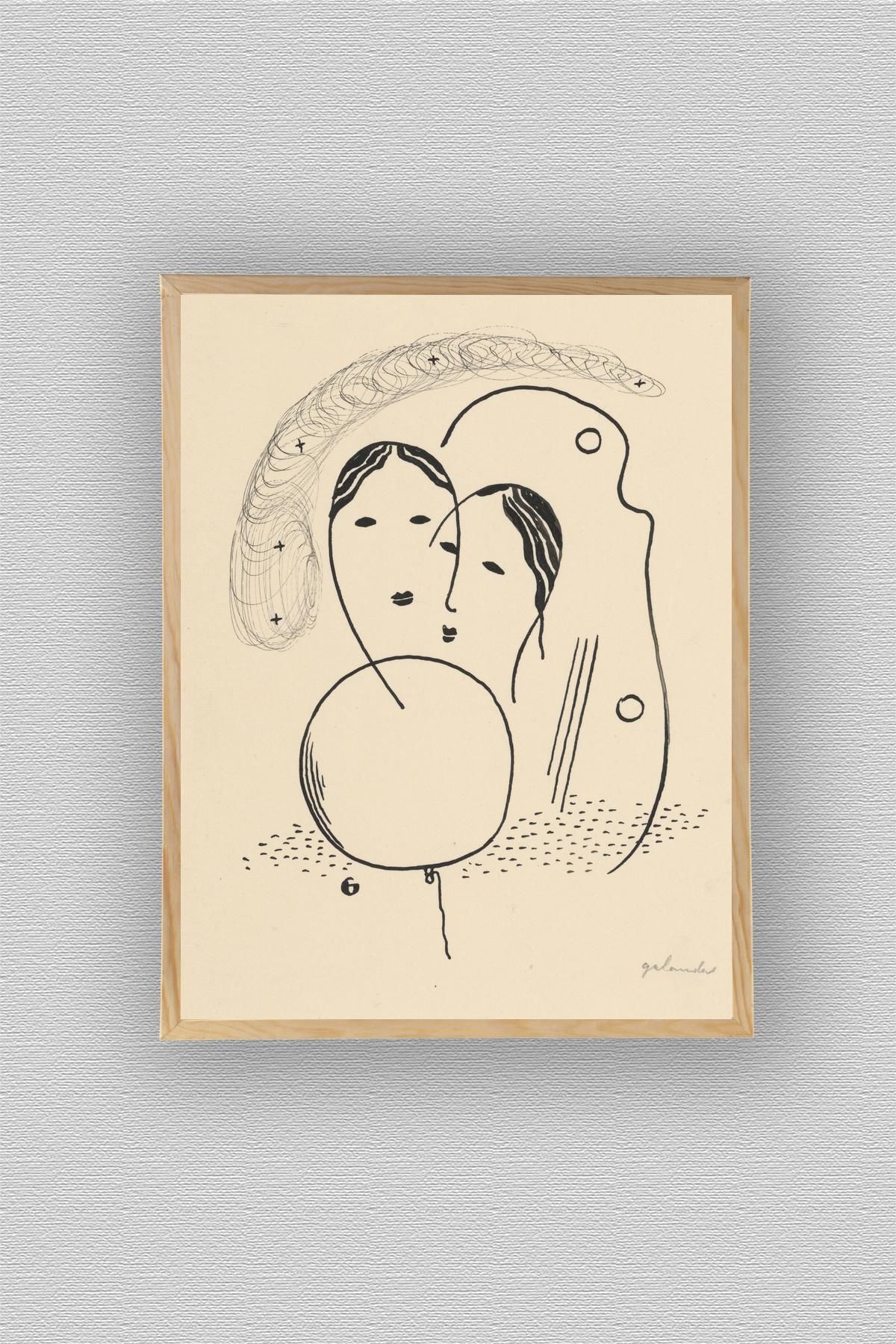 WoodyArts Soyut Yüz Ve Balonlar - Ahşap Desenli Çerçeve