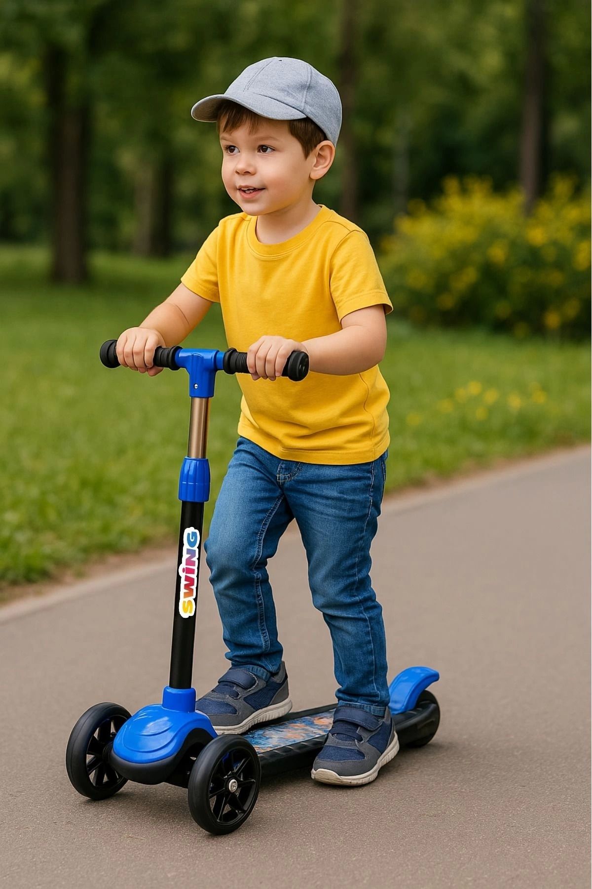 babymiss Işıklı 3 Tekerlekli Çocuk Scooter – 3 Kademeli Yükseklik Ayarı - Mavi