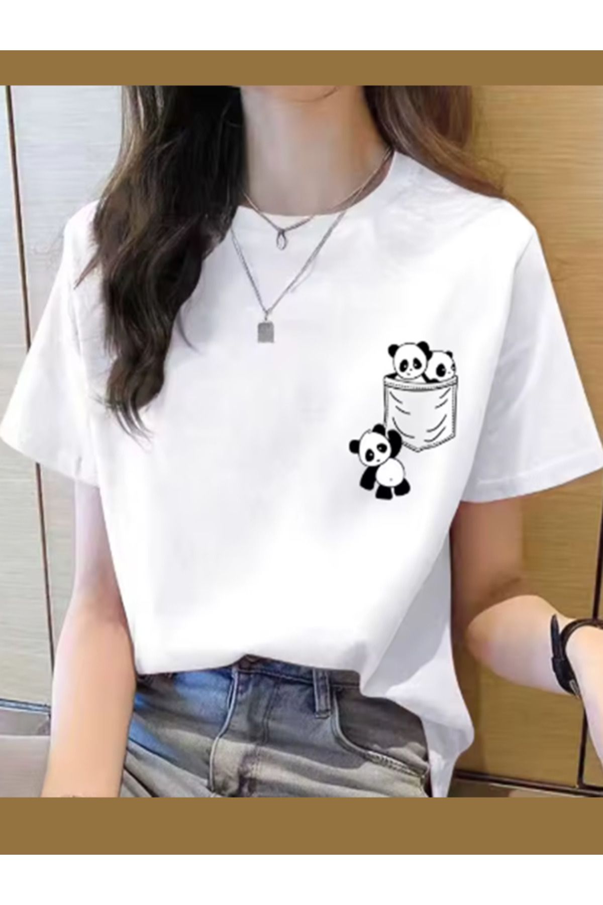 Hunors Sportswear & Company Beyaz Panda Cep T-Shirt - Baskılı Oversize Bisiklet Yaka Kısa Kol