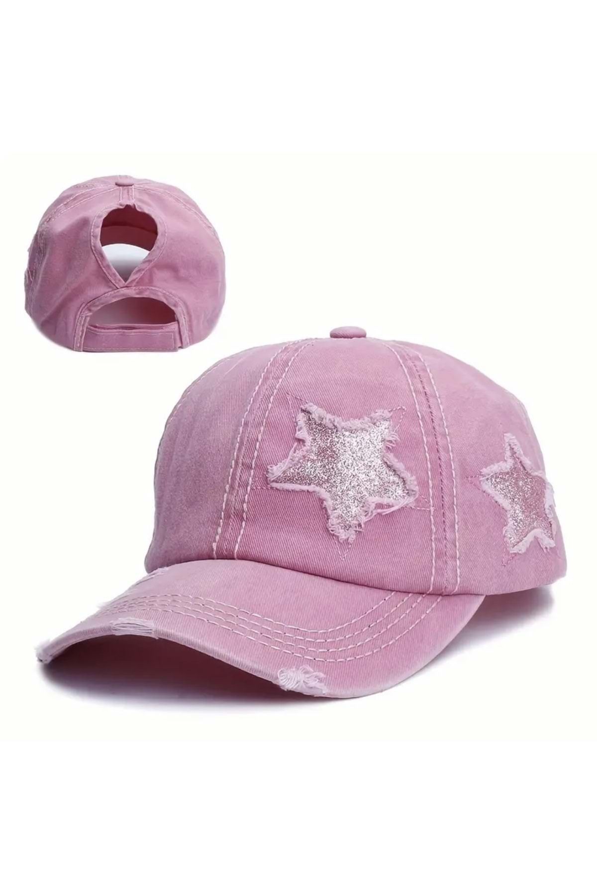 ACAR TAKI YILDIZ DESENLİ YIRTIK BEYZBOL TREND GÜNEŞ ŞAPKASI-PEMBE ACR5182