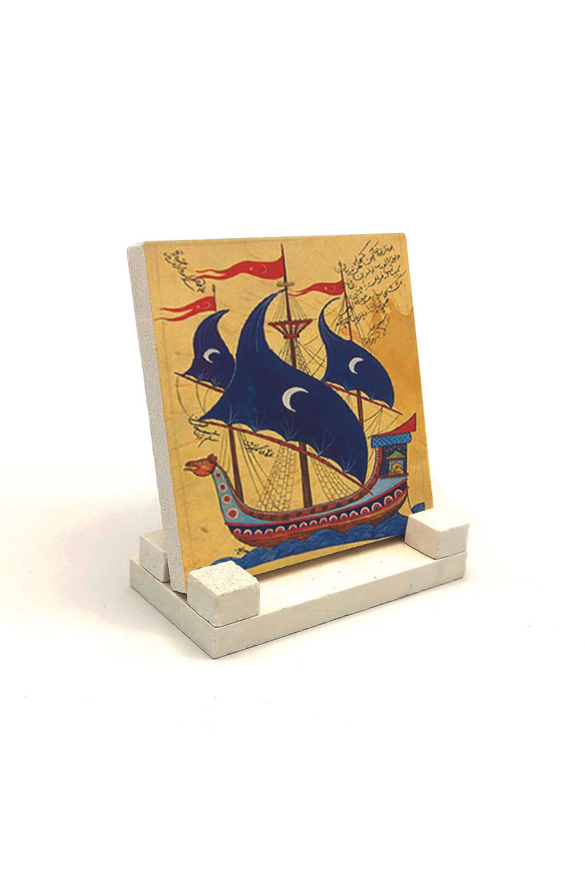 Souvenest Osmanlı Yelkenlisi Minyatür Baskılı Doğaltaş Masaüstlük 10x10 KRT-120