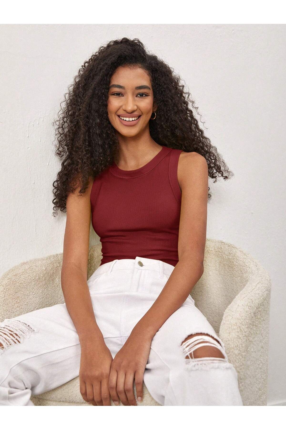 Asfa Moda Kadın Bordo Halter Yaka Fitilli Bluz Crop Top