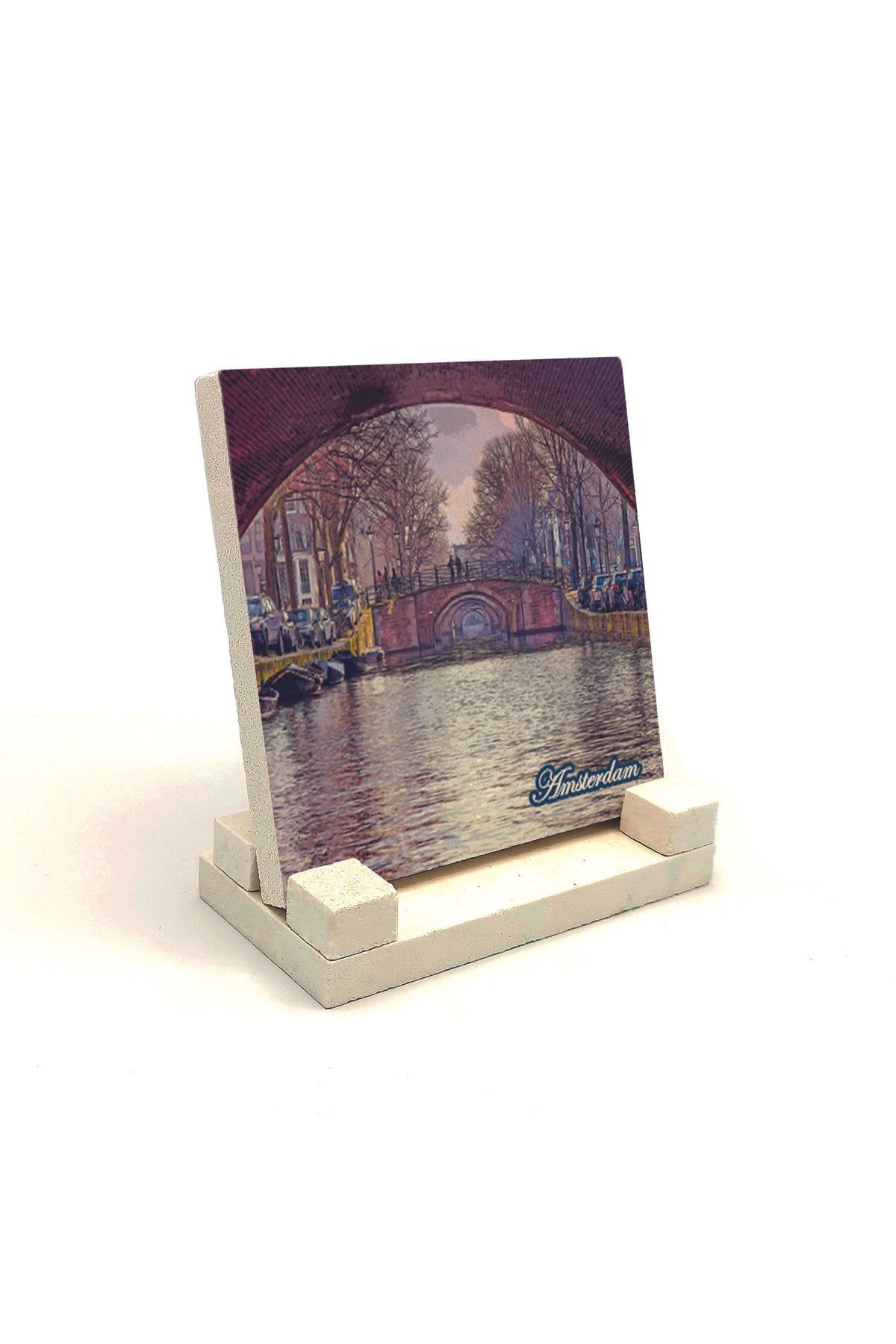 Souvenest Amsterdam Görseli Baskılı Doğaltaş Masaüstlük 10x10 KRG-19