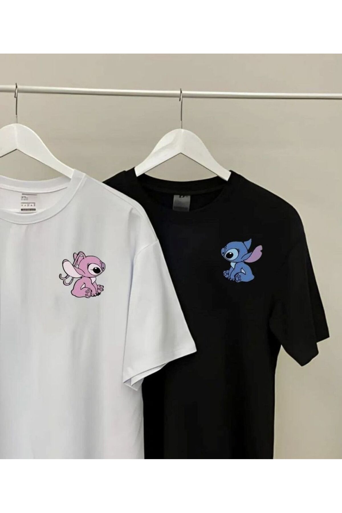 Hunors Sportswear & Company Lilo & Stitch Çift Sevgili Kombini T-Shirt - Beyaz Siyah Baskılı Oversize Bisiklet Yaka Kısa Kol