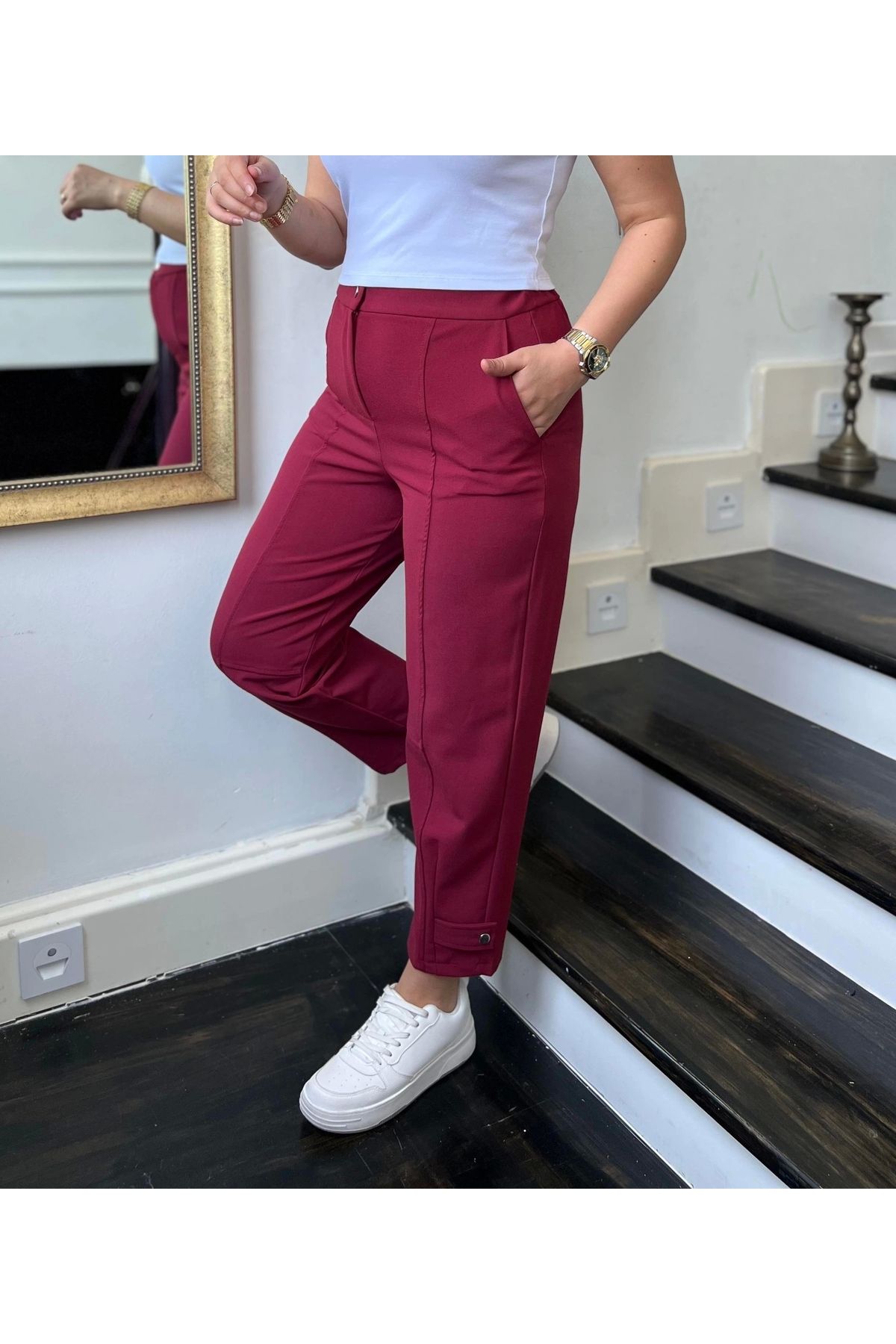 Selence Manşetli paça çıtçıt detay bilek boy beli lastikli pantolon bordo