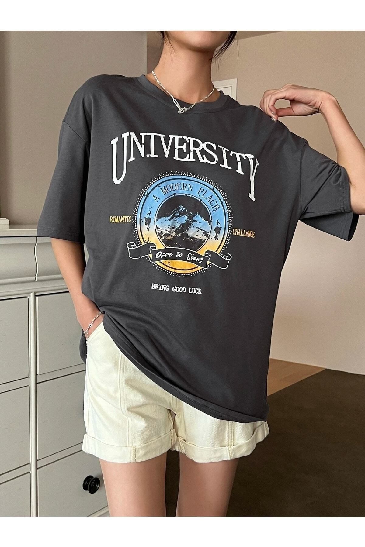 Hunors Sportswear & Company Kadın / Kız Füme Oversize T-shirt University Baskılı