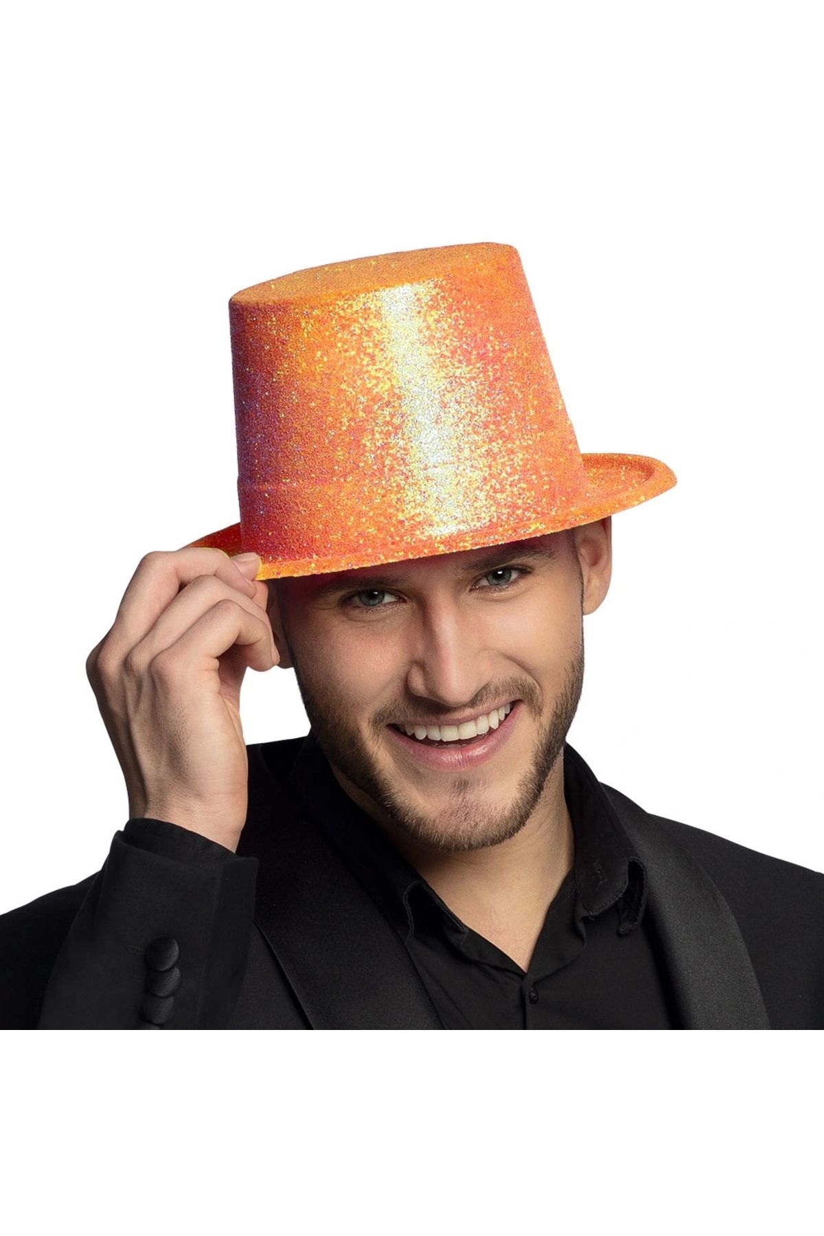 OurStyles Floresan Turuncu Renk Simli Uzun Fötr Melon Şapka 12 cm - tarz