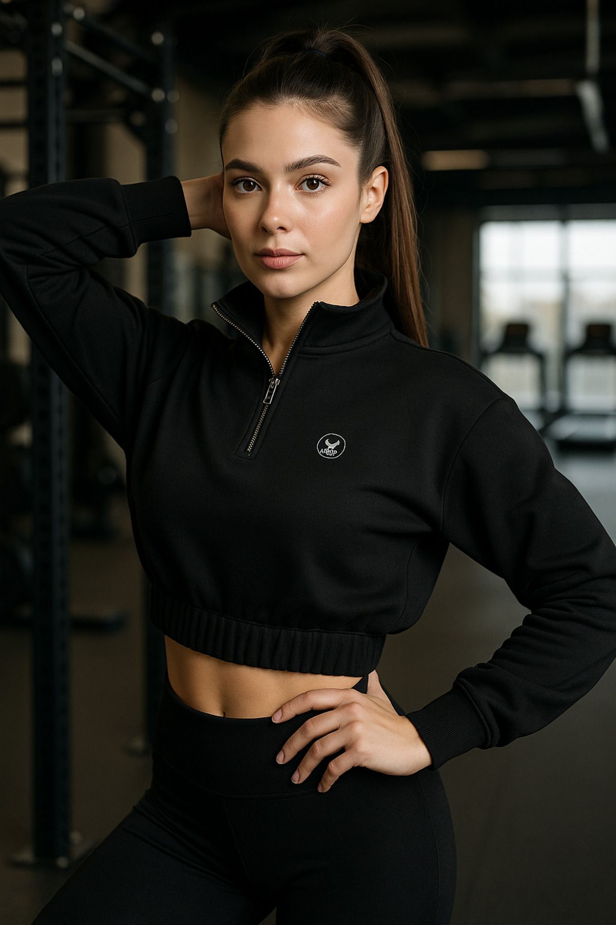 Rich Kadın Fermuar Yaka Detaylı Crop Lastikli Rahat Kalıp Sweatshirt