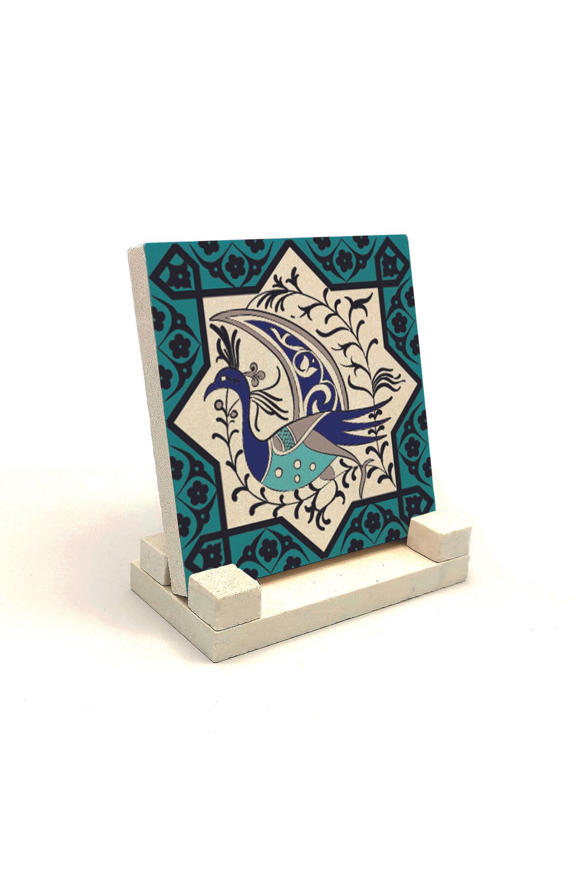 Souvenest Tavus Kuşu Figürlü, Anadolu Selçuklu Turkuaz Yıldız Motifi Baskılı Doğaltaş Masaüstlük 10x10 KD-29