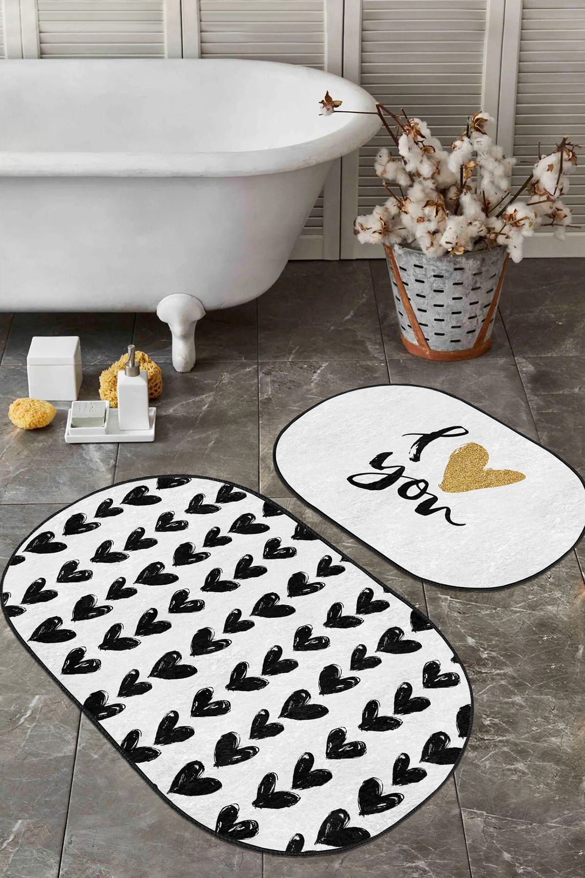 OPC Tekstil Iyou Kaymaz Tabanlı Dijital Baskılı 2’li Kadife Banyo Paspas Takımı Halı Seti