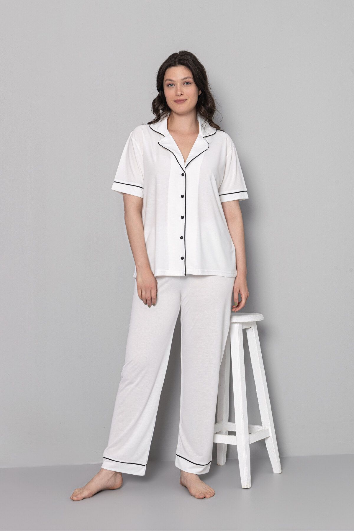 LORIAN'S-Ecru Viscose Ribbed Front Button Short Sleeve Maternity and Maternity Pajama Set Set of 3 3