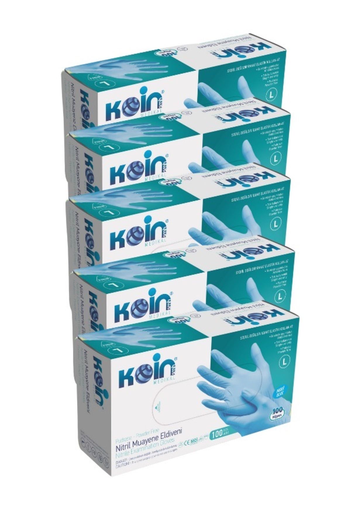 KOİN Mavi Nitril Pudrasız Eldiven L Beden 5 Paket 500 Adet