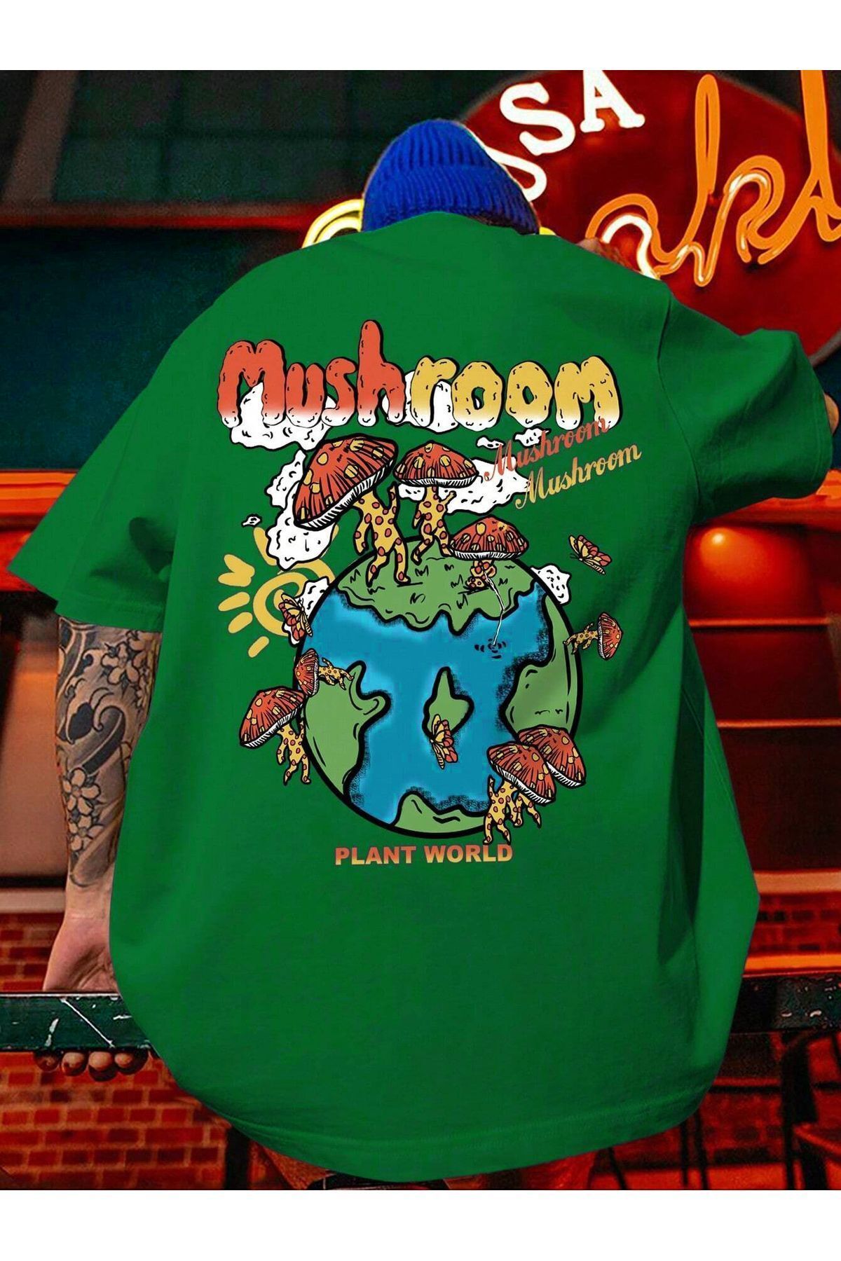 Hunors Sportswear & Company Unisex Mushroom World T-Shirt - Nefti Yeşil Baskılı Oversize Bisiklet Yaka Kısa Kol