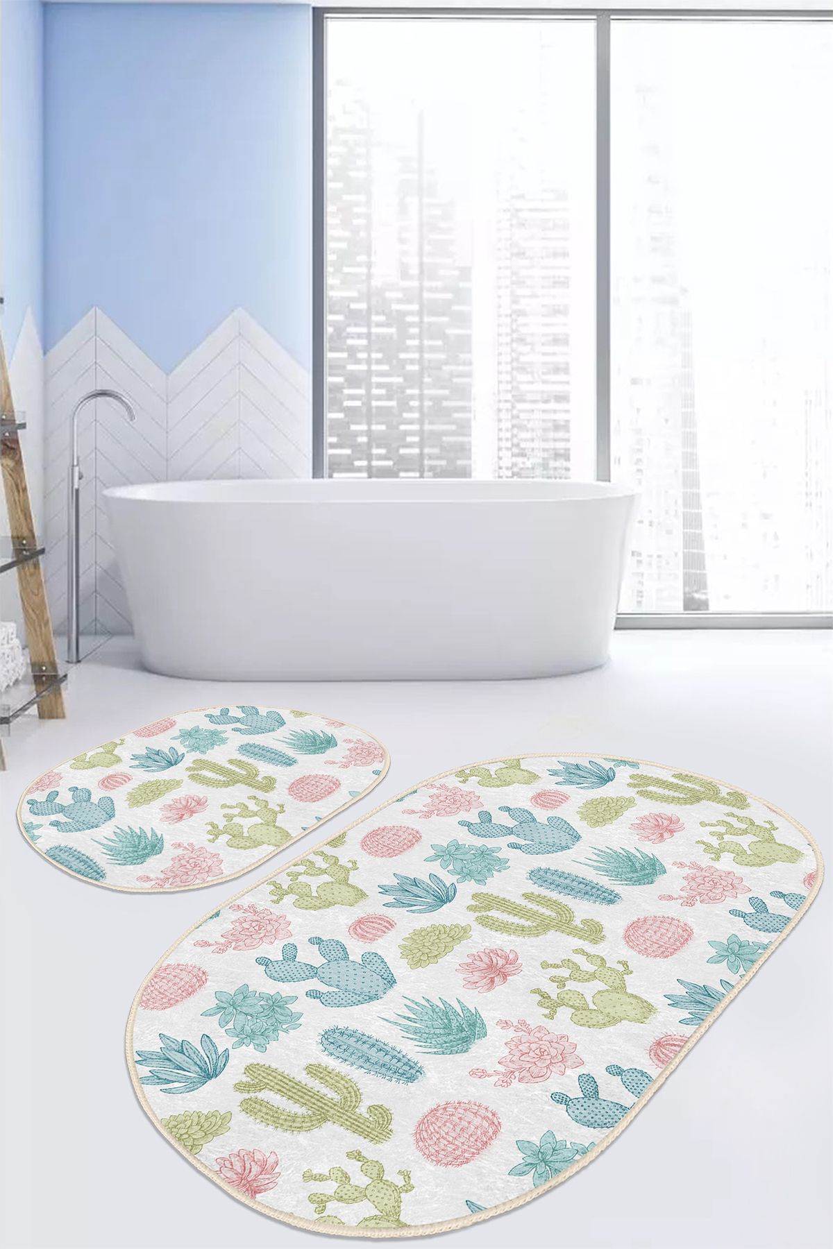 OPC Tekstil Soft Kaktus Kaymaz Tabanlı Dijital Baskılı 2’li Kadife Banyo Paspas Takımı Halı Seti
