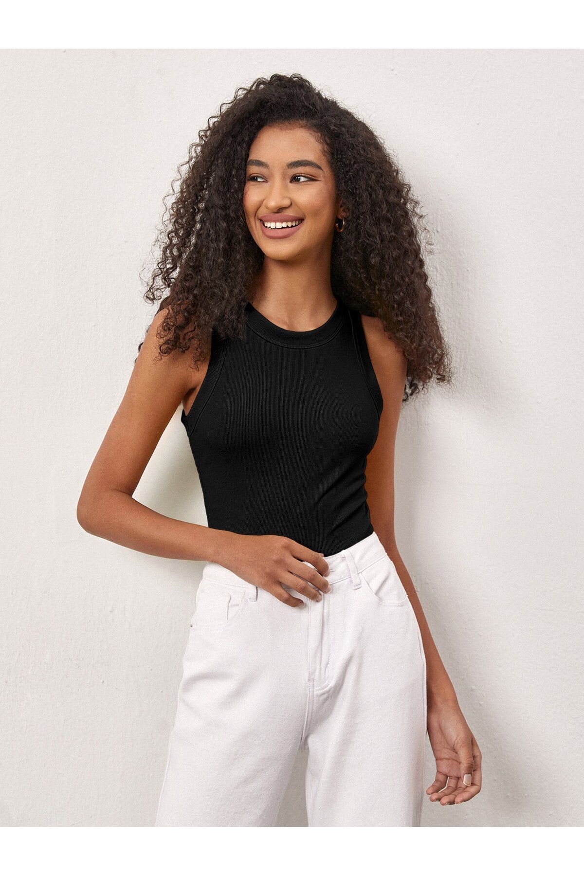 Asfa Moda Kadın Siyah Halter Yaka Fitilli Bluz Crop Top