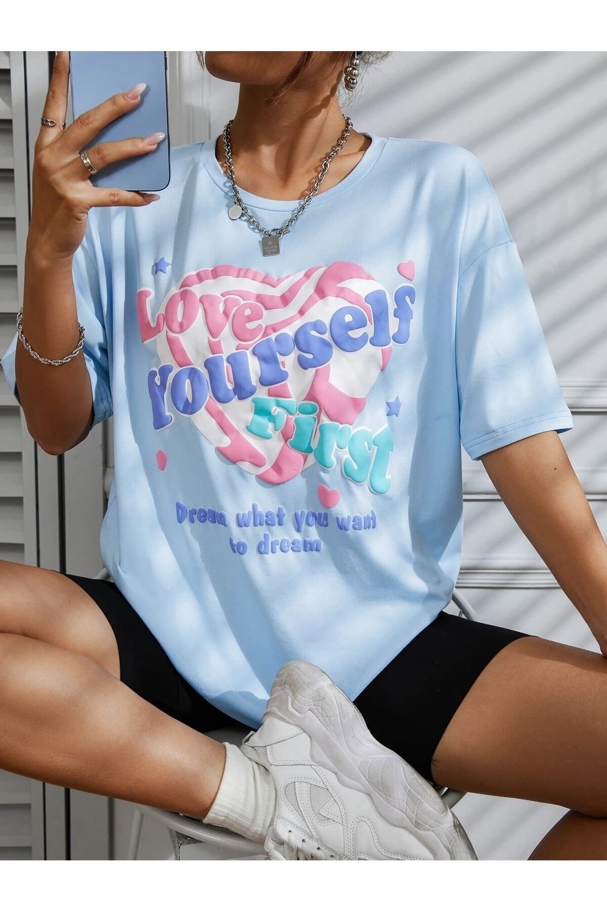Hunors Sportswear & Company Kadın / Kız Love Yourself Baskılı Bebek Mavisi Oversize T-shirt Salaş Boyfirend