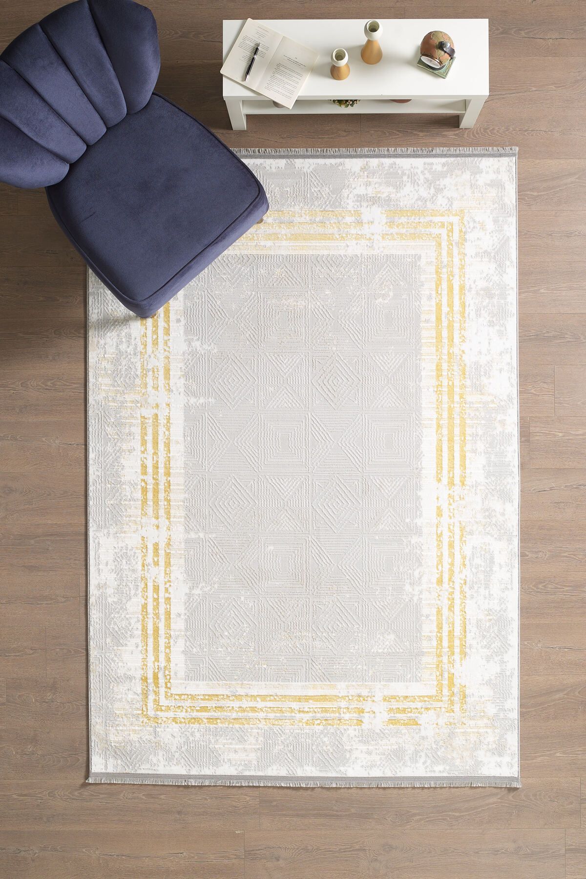 Enva Home Saçaklı Salon Oturma Odası Halısı Yumuşak Polyester Pamuk Taban Modern ve Klasik Desenli Halı Sarı