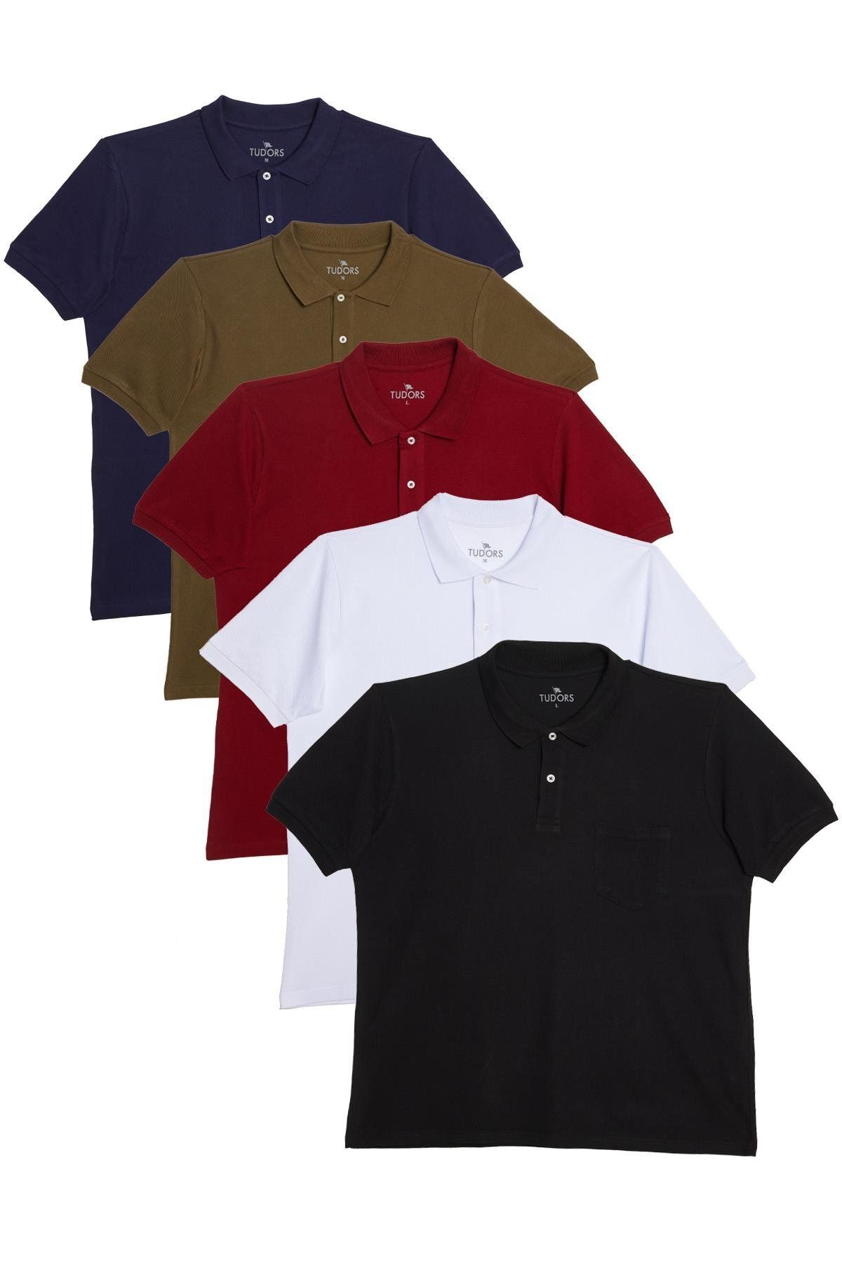 Tudors Erkek Regular Fit %100 Pamuk 5'li Siyah-Haki-Bordo-Beyaz-Lacivert Renk Cepli Pike Polo Yaka Tişört