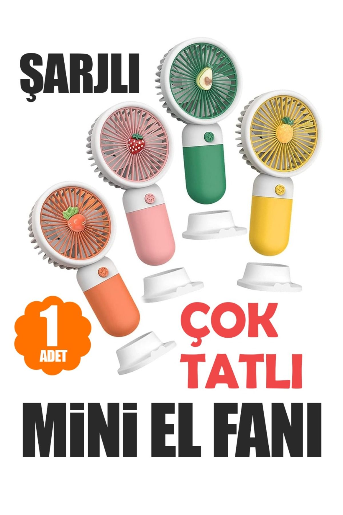 Aksesuarcı Renkli Şarjlı Mini El Fanı ve Standlı Masa Fanı Çanta Boy Vantilatör Pervane Taşınabilir Mix